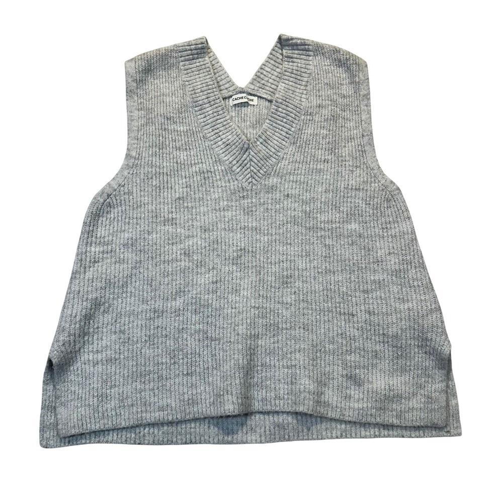 Cache‎ Cache Sweater Vest Womens S Gray Ribbed Knit V-Neck Preppy Minimalist